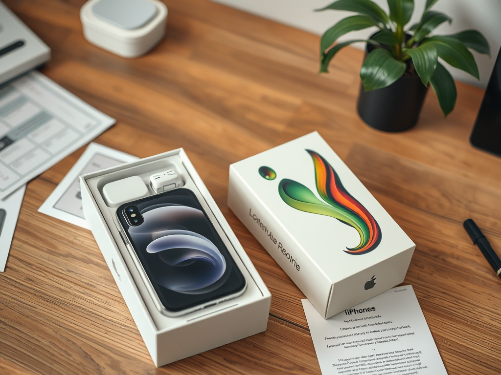 На столе находится упаковка iPhone с наушниками и документами рядом с растением.